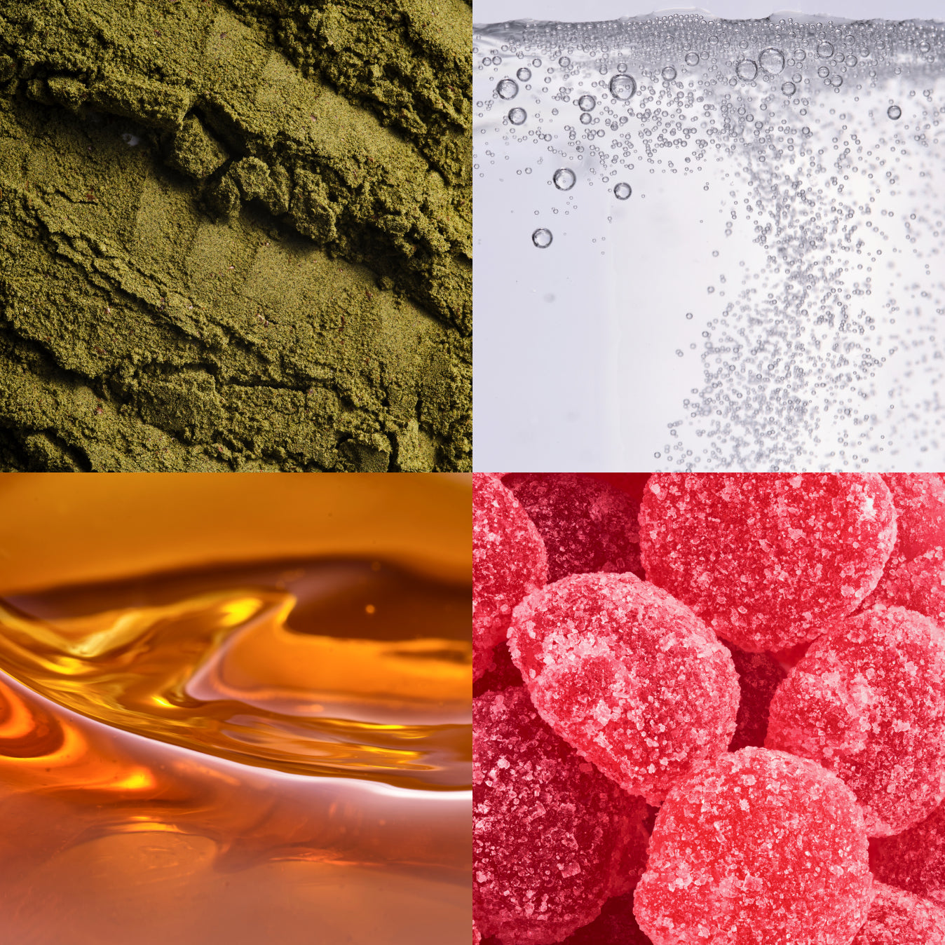 Four-panel image: green powder, fizzy water, amber liquid, red sugar-coated candies.