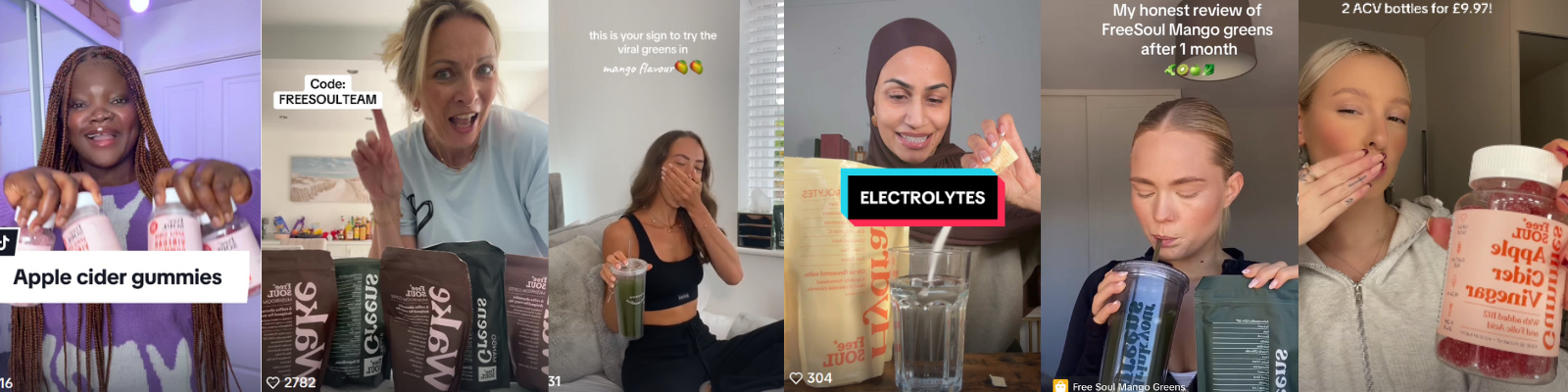 People showcasing various health products, including apple cider vinegar gummies and green drinks, with enthusiastic expressions.